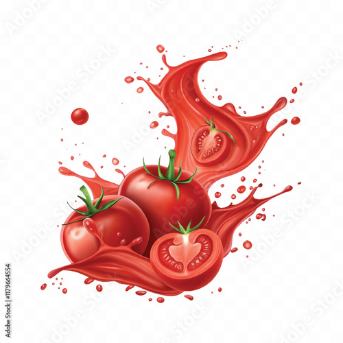 abstract 3d Splashes of tomato ketchup or red liquid tomato juice isolated on white background