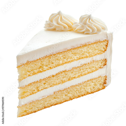 Slice of creamy vanilla layer cake with frosting, isolated on transparent cutout background
