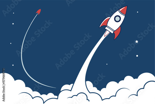 An illustration of a rocket launch in a minimalist style. The rocket is ascending with a smooth F.eps