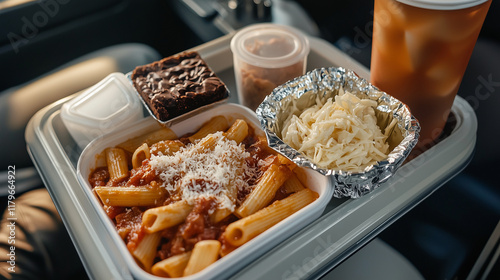 A close-up of an airplane lunch featuring pasta in marinara sauce with grated cheese, a small plastic container of coleslaw, a chocolate brownie, and a foil-covered drink. The glos