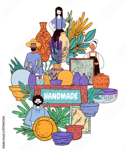 Handmade pottery market scene with diverse artisans displaying colorful ceramic pots vases and plants surrounded by vibrant foliage and frames