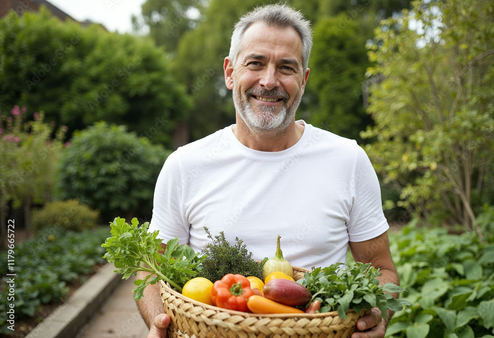Portrait of mature gray-haired man in white t-shirt with basket of vegetables on farm background Portrait of mature gray-haired man in white t-shirt with basket of vegetables on farm background