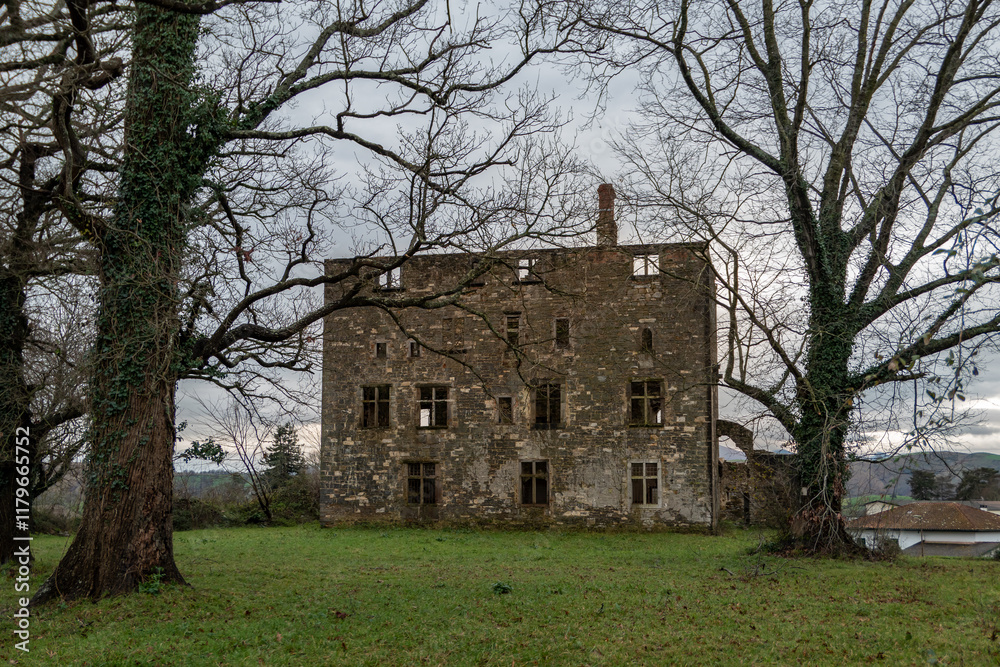 Fototapeta premium Casa antiga abandonada da qual já só restam as paredes num dia muito nublado