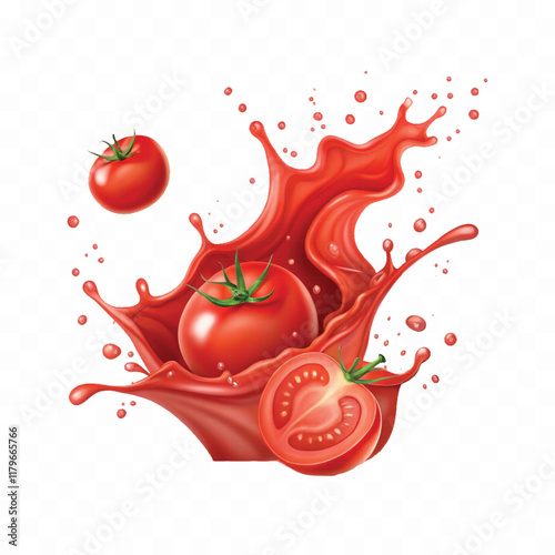 abstract 3d Splashes of tomato ketchup or red liquid tomato juice isolated on white background