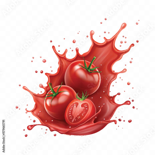 abstract 3d Splashes of tomato ketchup or red liquid tomato juice isolated on white background