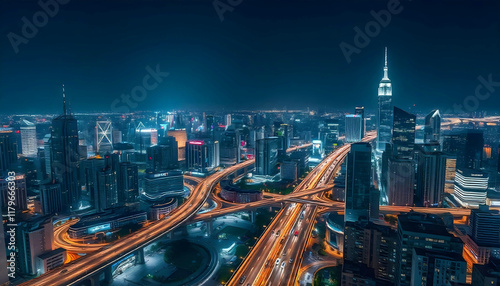 Wallpaper Mural A nighttime aerial view of a large, densely populated city with towering skyscrapers and brightly lit highways and streets Torontodigital.ca