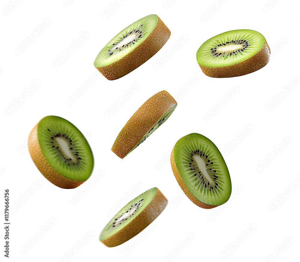 Fototapeta premium Slices of fresh green kiwi floating in the air, isolated on transparent cutout background