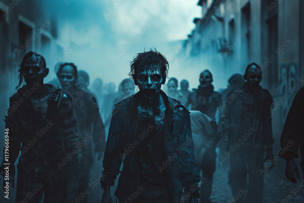 Scary sinister zombie wandering in street with dramatic lighting on Halloween, abstract vivid composition consists of fictional unreal fantastic vision on background Scary sinister zombie wandering in street with dramatic lighting on Halloween, abstract vivid composition consists of fictional unreal fantastic vision on background