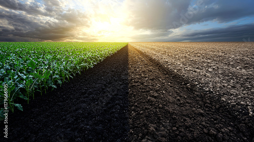 Dramatic Sunset over Lush Green Field and Brown Soil