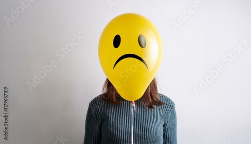 Anonymous woman with sad yellow balloon instead of head. Portrait showing sadness, isolated on white background. photo