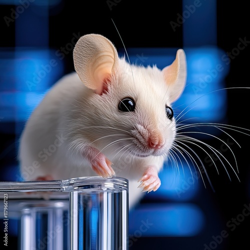 A close-up of a white mouse with large ears, perched on a glass surface, showcasing its inquisitive expression against a blurred blue background.