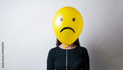 Anonymous woman with sad yellow balloon instead of head. Portrait showing sadness, isolated on white background. photo