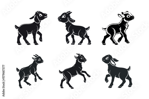 Cute Black and White Goat Silhouettes for Design on  a white background