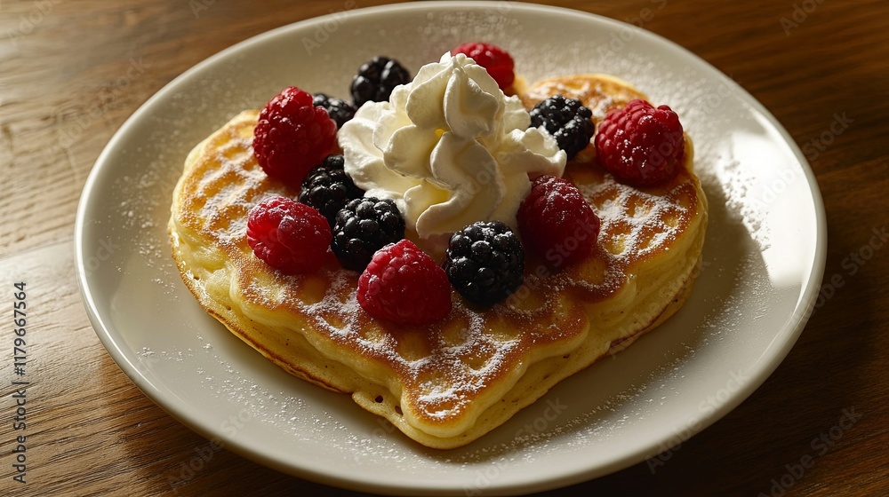 A heart-shaped pancake breakfast with whipped cream and berry toppings A heart-shaped pancake breakfast with whipped cream and berry toppings