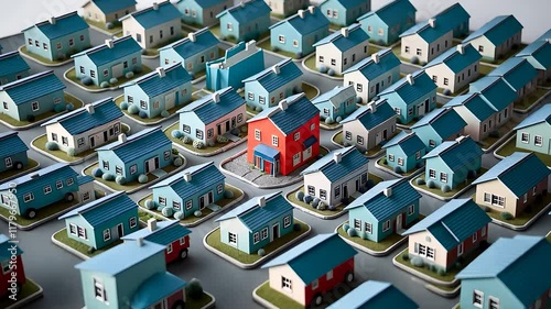 Unique red house standing out among rows of identical blue houses in a suburban neighborhood with clean streets

 photo