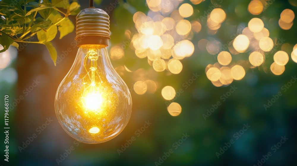 Glowing Bulb Hanging from a Tree Branch, Illuminating a Magical Evening Glowing Bulb Hanging from a Tree Branch, Illuminating a Magical Evening