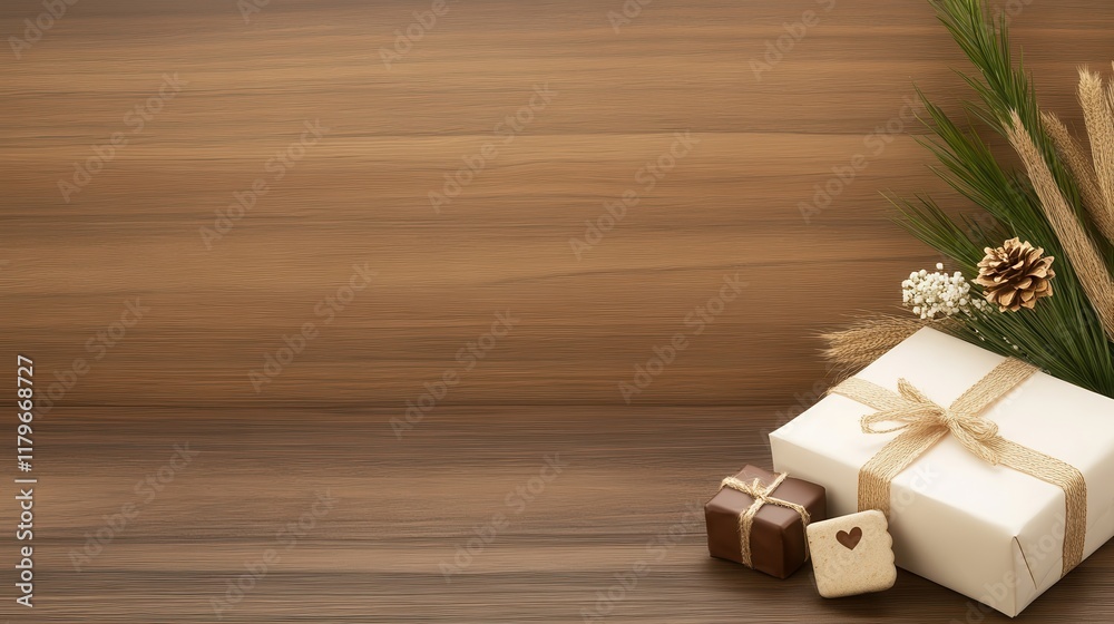 A wooden background with a white box and two brown boxes with hearts on them A wooden background with a white box and two brown boxes with hearts on them