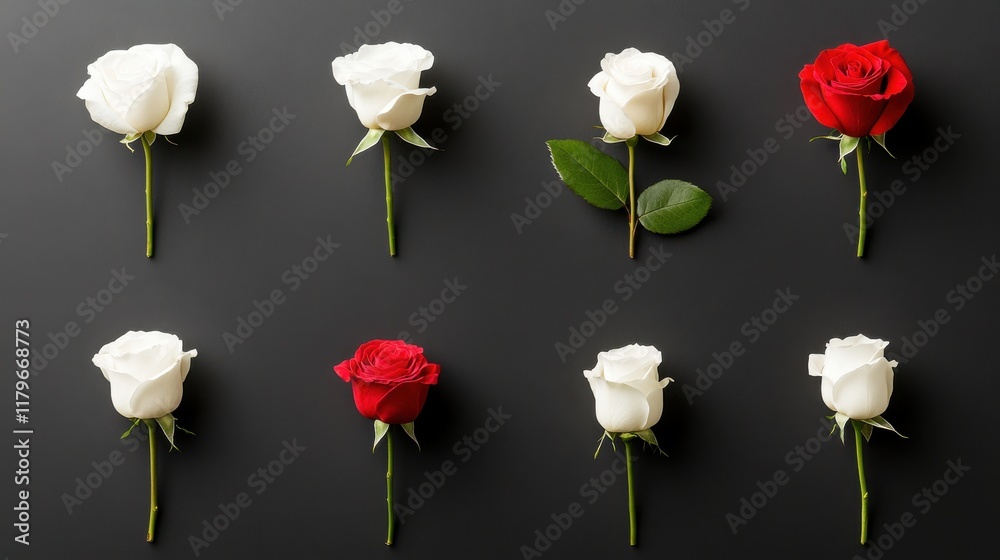 Obraz premium A row of white and red roses are arranged in a pattern on a black background