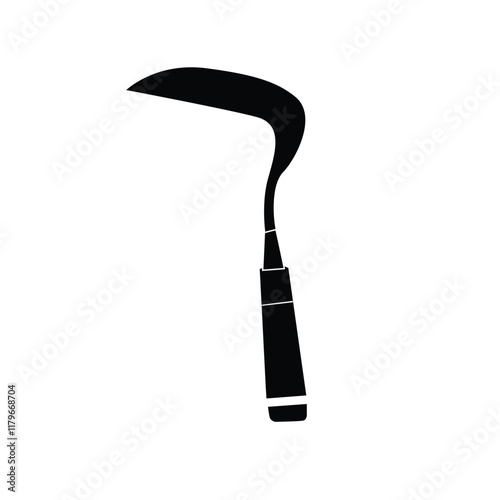 silhouette of sickle tool with wooden handle,grass cutting tool,sharp object,vector illustration on white background.