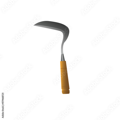 Illustration of a sickle tool icon with a wooden handle, grass cutting tool, sharp object, vector on a white background.