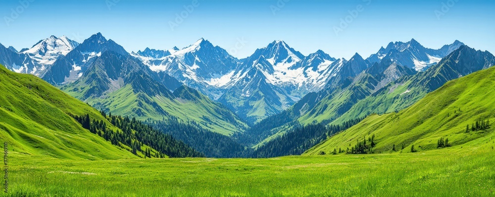 Fototapeta premium Majestic Mountains Rise Above Lush Green Valleys Scenic Landscape Panoramic View Tranquility