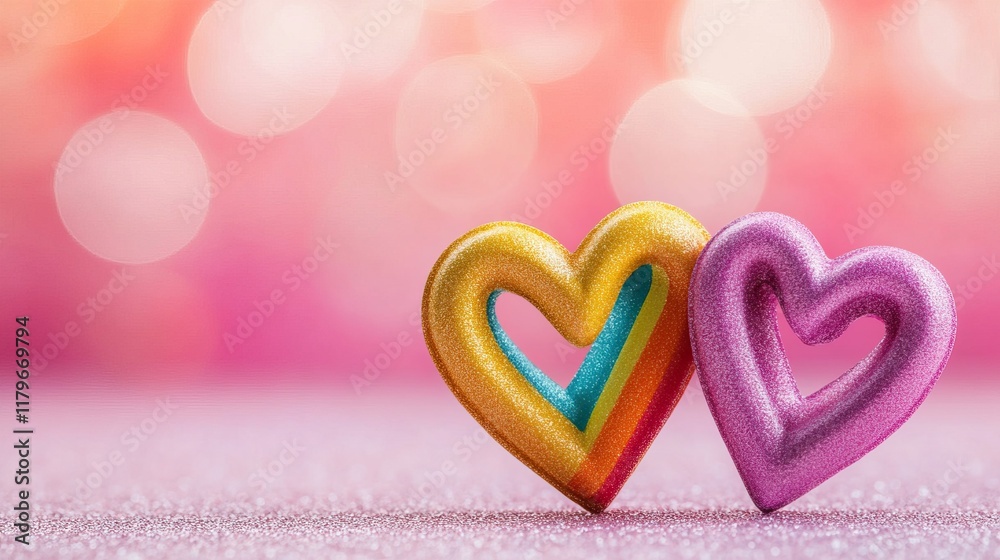 Obraz premium Colorful heart shapes against a soft, blurred background create a romantic and cheerful atmosphere.