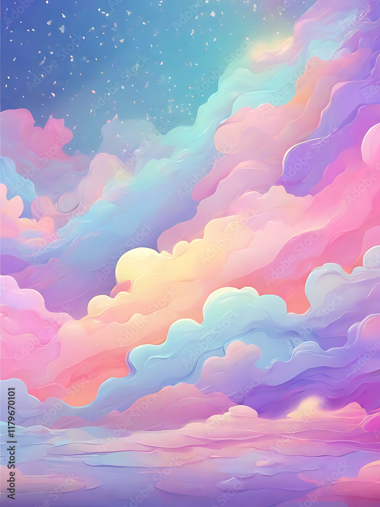A vibrant cosmic cloudscape with nebula, stars, and fluffy clouds A vibrant cosmic cloudscape with nebula, stars, and fluffy clouds