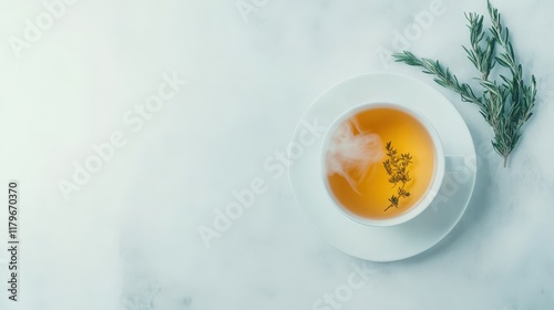 A white cup of tea with a sprig of herbs on top