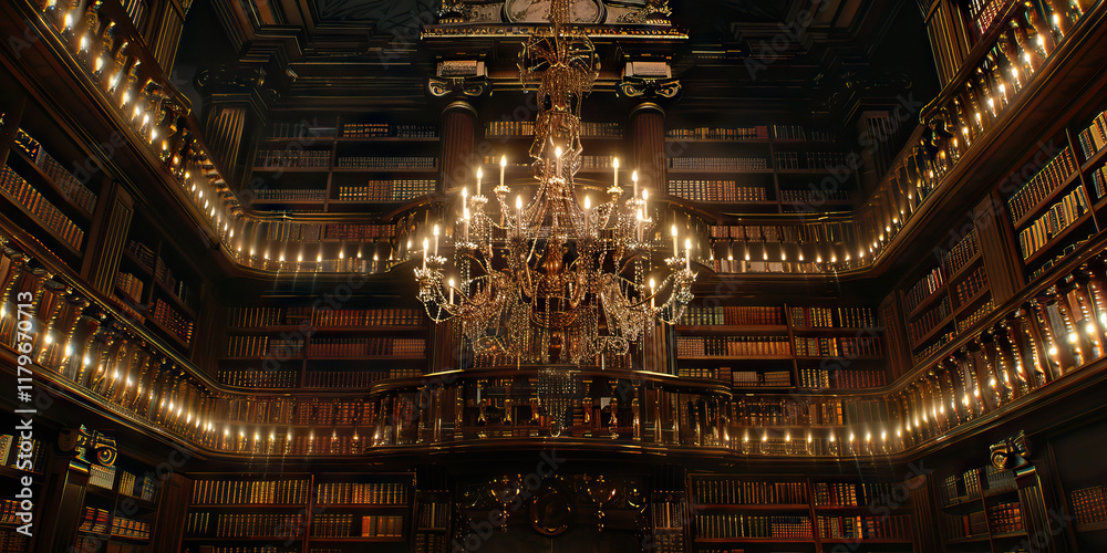 Obraz premium Interior View of a Circular Library with Ornate Chandelier and Book-Filled Shelves