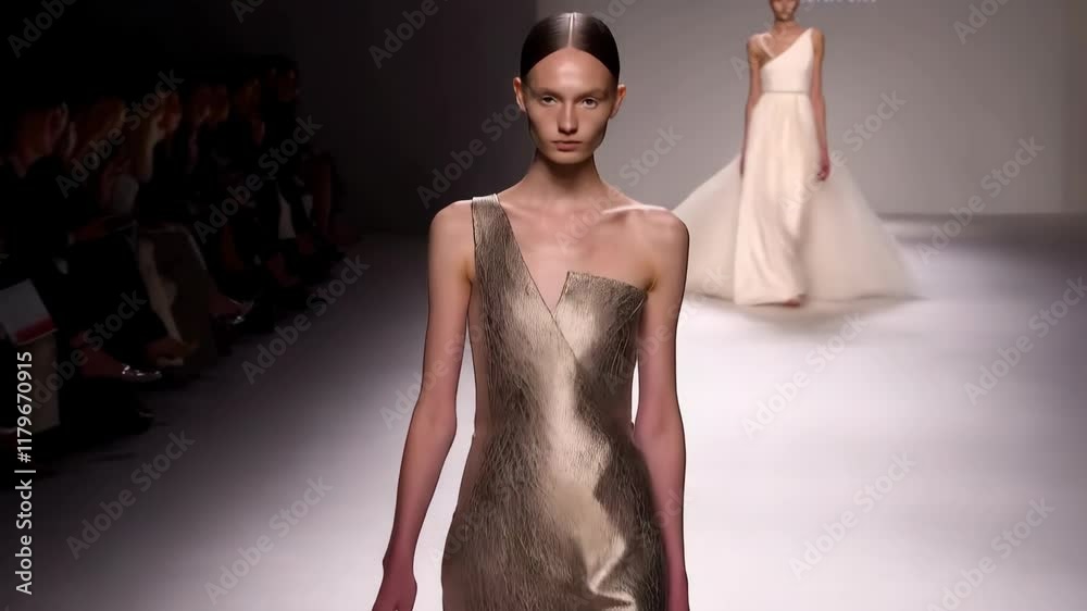 Elegant runway model showcasing stunning evening gowns in fashion show