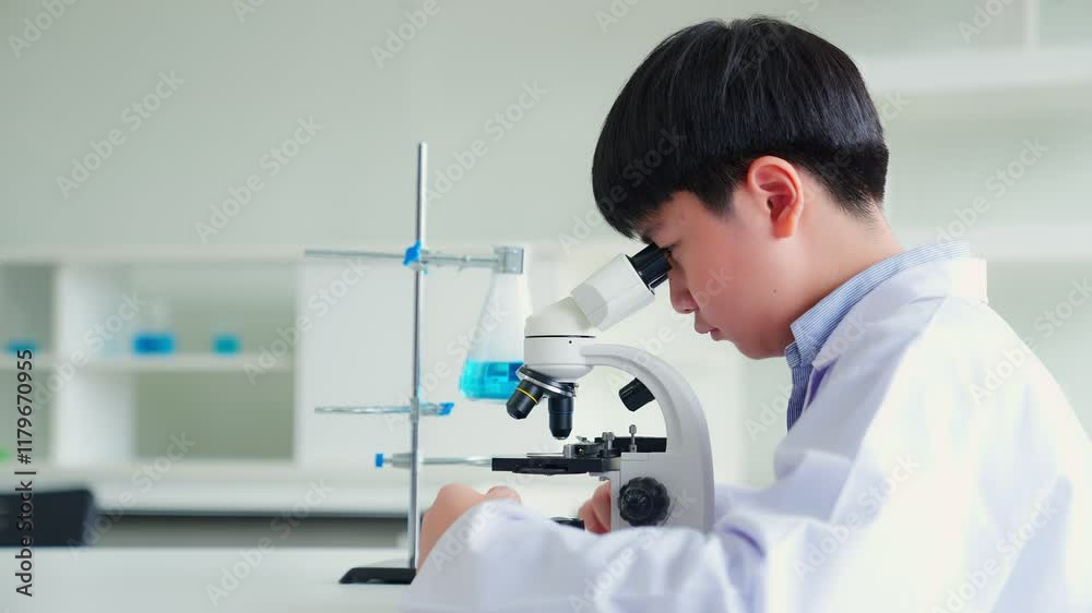 Elementary Science, Asian student looking through microscope during science class in school laboratory, scientist kids learning biology chemistry lesson, research Elementary Science, Asian student looking through microscope during science class in school laboratory, scientist kids learning biology chemistry lesson, research