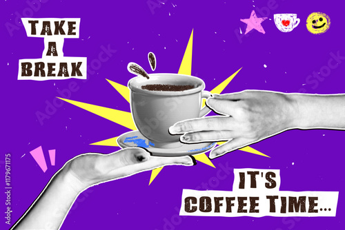 Horizontal coffee themed welcome poster in retro collage style with pencil doodles and grainy texture. Hand with halftone effect holds a porcelain cup of coffee.