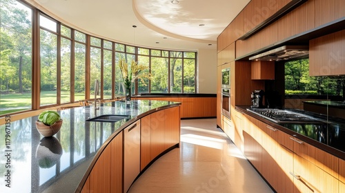 A sleek kitchen with a curved pastel brown counter, black quartz tops, and minimalist design elements. Oversized windows flood the space with sunlight.