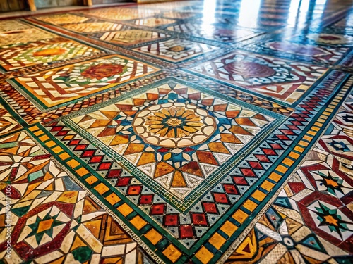 Historic Building Vibrant Mosaic Tile Floor, Aged Geometric Patterns, High Depth of Field Stock Photo