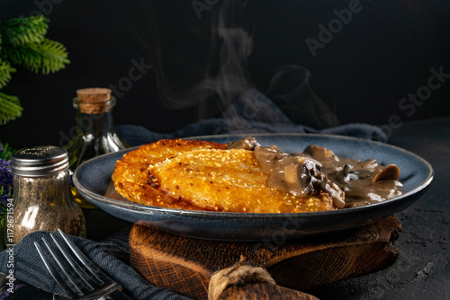 Crispy potato pancakes with mushroom sauce photo