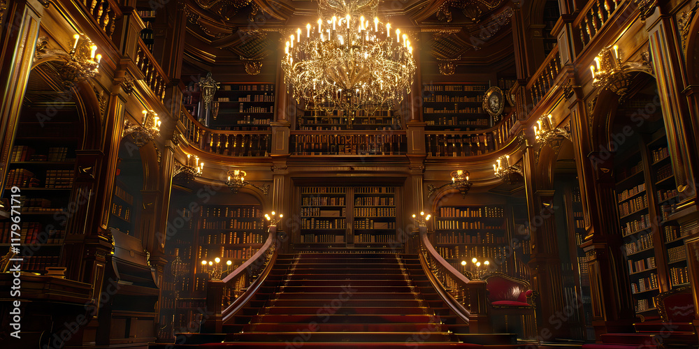 Fototapeta premium Interior View of an Ornate Library with Grand Staircase