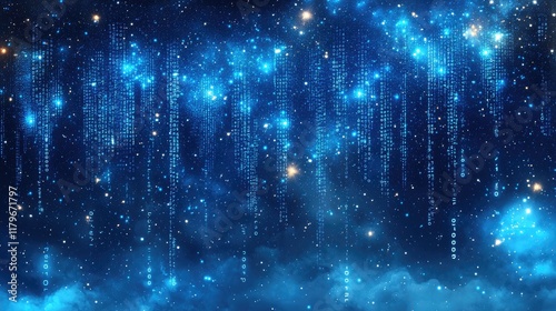 Fototapeta Naklejka Na Ścianę i Meble -  Digital code falling like stardust in a night sky, abstract background for technology or space themes.