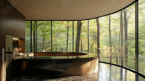 A sophisticated kitchen interior featuring a curved counter in pastel brown laminate, black surfaces, and large, airy windows with views of a tranquil forest.