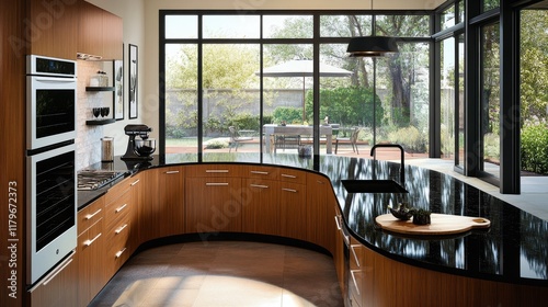 A stylish kitchen with a curved counter in pastel brown laminate, black quartz tops, and modern decor. Large windows let in natural light and reveal a stunning patio.