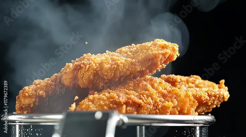 Golden crispy fried chicken strips stacked high.