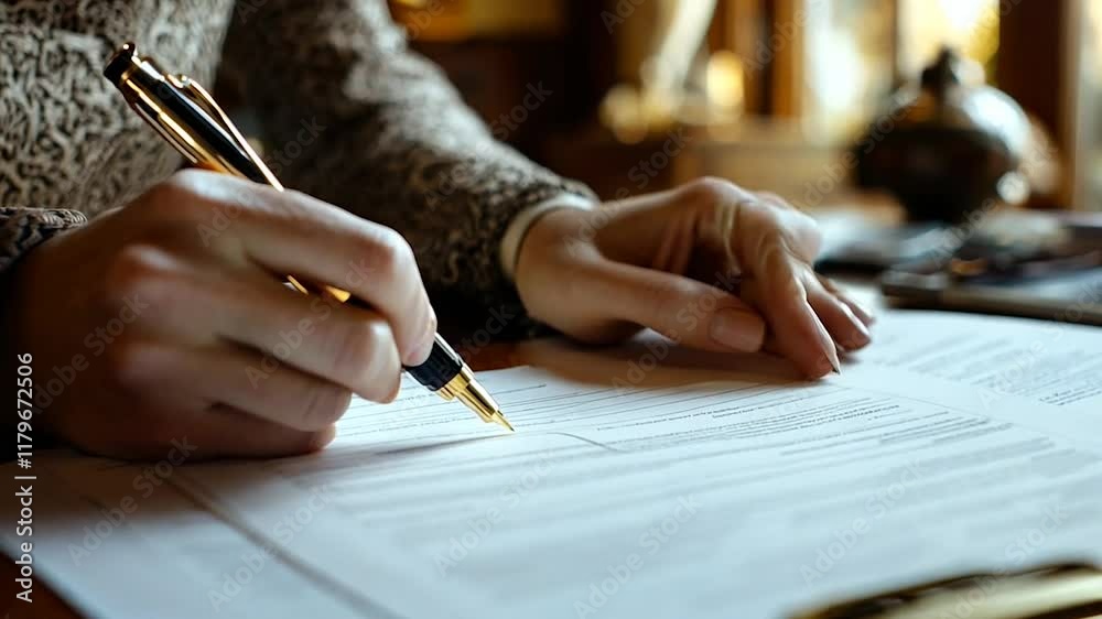 A close-up of a hand using a fountain pen to sign official documents on a desk, emphasizing the elegance and importance of handwritten signatures in professional or legal contexts.