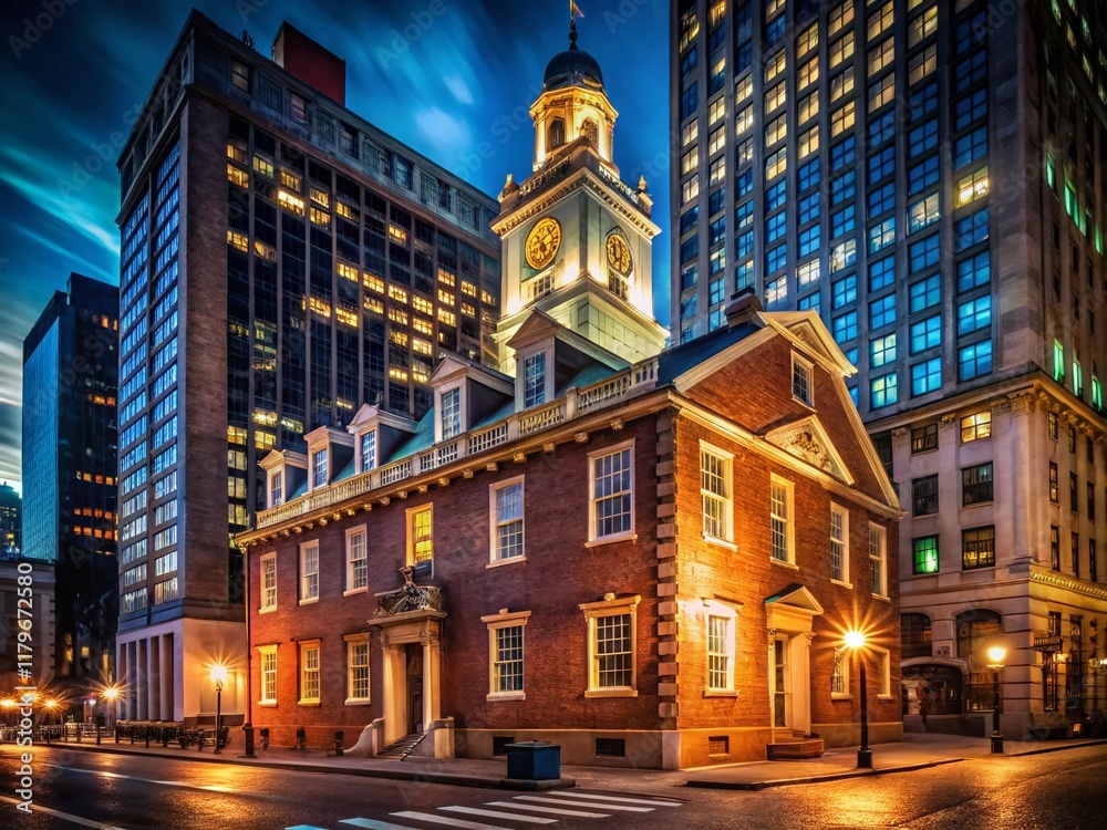 Historic Old State House at Night, Low Light Photography, Architectural Detail