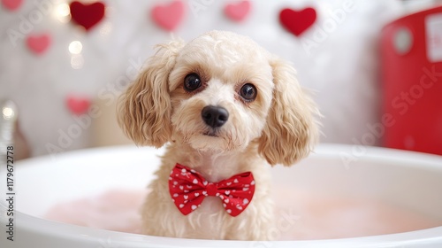 A luxury dog grooming spa with Valentines bows and themed shampoos photo