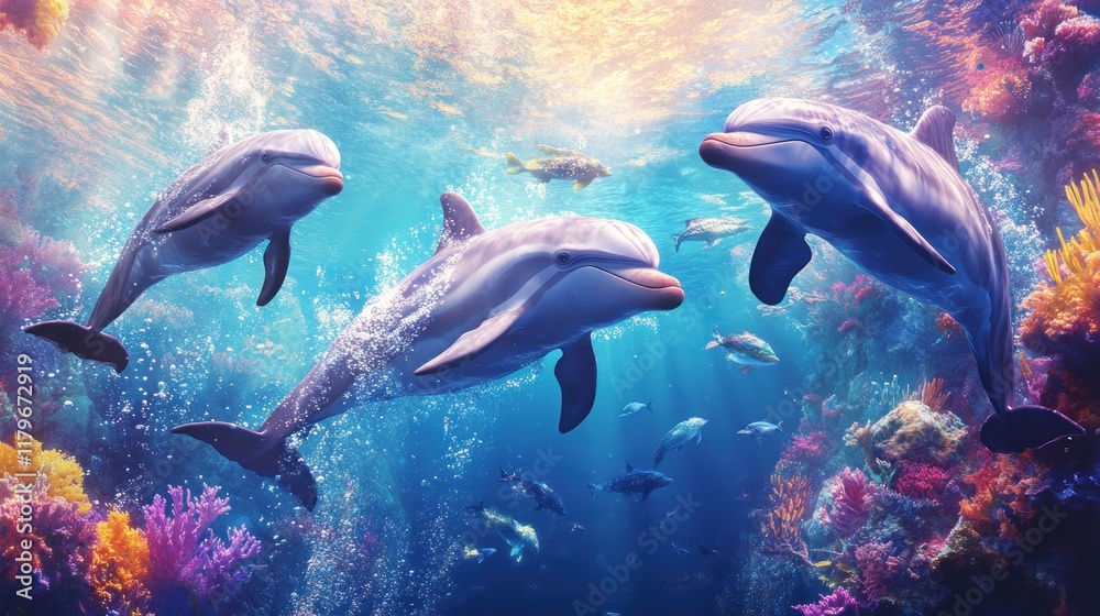 Obraz premium Group of dolphins in colorful underwater,ai generated