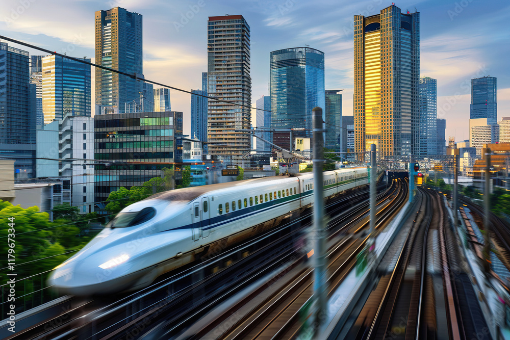 Fototapeta premium Modern big high-speed train in fast motion passes through railway stations, abstract vivid composition consists of fictional unreal fantastic vision on background