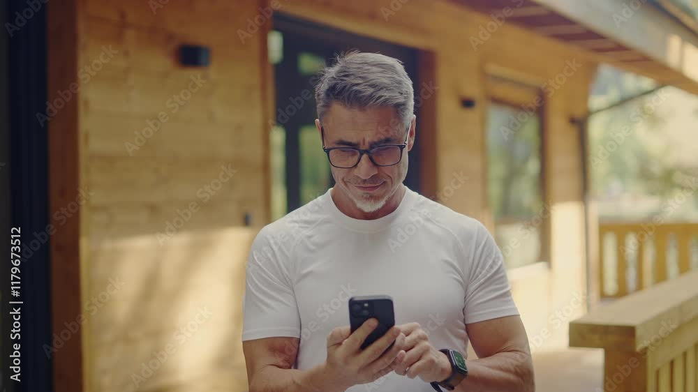 Mature man using cell phone on porch of modern wooden country home. Businessman on get away, enjoying connectivity of mobile device in peaceful, natural setting. Relax time, vacation in forest house.