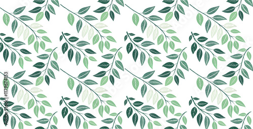 Seamless pattern green plant stems and leaves on white background charming hand drawn simple clean minimalist design style for backgrounds wallpaper repeating pattern, Generative AI.