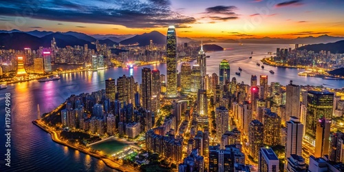 Hong Kong Skyline Drone Aerial View, Cityscape, Island, Harbor, Night photo