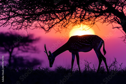 A calm savannah evening with soft purple and orange hues in the sky, acacia trees framing the scene, and grazing antelope with copy space. Warm twilight light. Quiet natural background.  photo