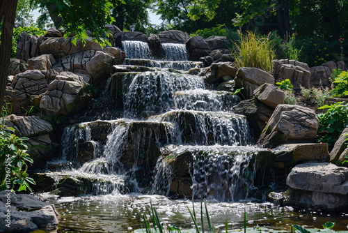 Fantastically beautiful fountain against backdrop of natural national park, abstract vivid composition consists of fictional unreal fantastic vision on background